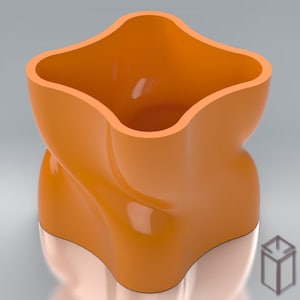 Puede incluir: Un macetero de cerámica de color naranja brillante, de forma abstracta. El macetero tiene una parte superior ancha y abierta y una forma redondeada y orgánica.