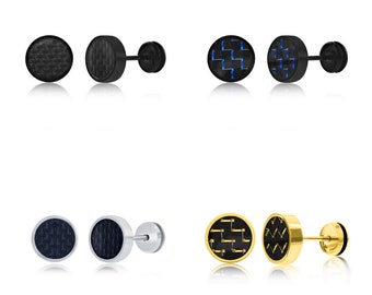 BlackJack Stainless Steel 10mm Blue Carbon Fiber Stud Earrings | Black Plated with Blue Accents - Masculine Statement for Men