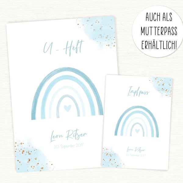 U - Heft Hülle & Impfpass Hülle Regenbogen blau • personalisiert • Reisepass