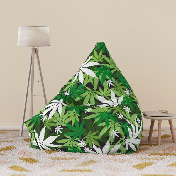 Cannabis Bean Bag Chair Cover, Green Weed Leaves Seat BeanBag Pouf Puff Couch without Filler, Lazy Bed Sofa Lounger for Living Room