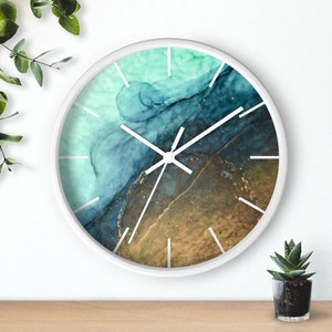 Artistic 10&quot; Round Wall Clock, Natural Abstract Painting Wood Clock, Unique Wall Clock Gift, Emerald Green and Gold Art Wall Clock