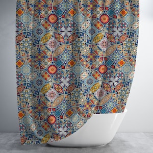 Bunter marokkanischer Duschvorhang: Lebendige ethnische Mandala-Mosaik-Fliesen für Boho-Badezimmer-Dekor, exotische Patchwork-Wohnkultur und Geschenke
