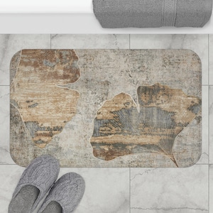 Designer Vintage Ginkgo Bath Mat and Rug in Earth Tones of Beige Concrete and Stone, Rustic Contemporary Bathroom Design, Soft Memory Foam