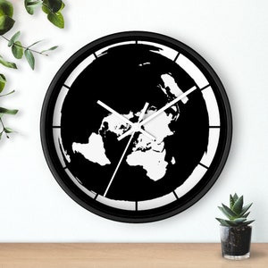 Flat Earth Wall Clock, Flat Earth World Map, Azimuthal Equidisttant, Flat Earthers Gift, 10" Black Round Wall Clock