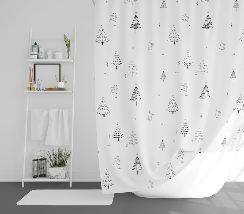 Black and White Christmas Trees Shower Curtain Set Cute Polar Etsy