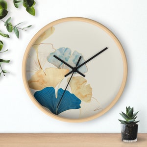 Gingko Leaf Abstract 10" Round Wall Clock, Natural Leaves Wood Clock, Eclectic Home Decor, Retro Wall Clock, Vintage Art Wall Decor