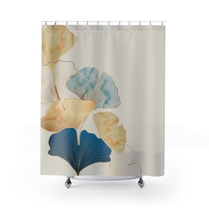 Ginko Leaf Shower Curtain, Beige Shower Curtains, Natural Art Shower Curtain, Vintage Leaves Bathroom Decor, Blue and Gold Bath Curtain