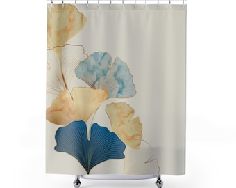 Ginko Leaf Shower Curtain, Beige Shower Curtains, Natural Art Shower Curtain, Vintage Leaves Bathroom Decor, Blue and Gold Bath Curtain