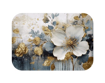 Blue Gold Floral Bath Mat, Luxury Botanical Aesthetic Rug, Delicate Flowers Bathroom Accessory, Nature-Inspired Cool Kitchen Rugs & Gift