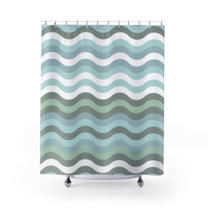 Scandinavian Shower Curtain Farmhouse, Retro Waves Bath Decor, Vintage Shower Curtain, Winter Blue Nordic Decor, Boho Shower Curtain Set