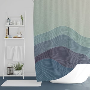 Japanese Blue Waves Shower Curtain, Art Deco Bathroom Décor, Abstract Sea Waves Bathroom Curtain, Gradient Color Fabric Shower Curtains