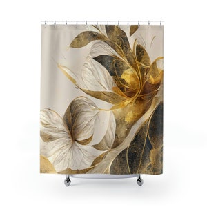 Gold and White Floral Designer Shower Curtains, Shower Curtains Vintage, Eclectic Shower Curtains, Gold Botanical Bathroom Sets, Home Decor
