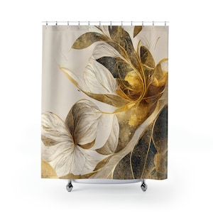 Gold and White Floral Designer Shower Curtains, Shower Curtains Vintage, Eclectic Shower Curtains, Gold Botanical Bathroom Sets, Home Decor