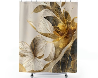 Gold and White Floral Designer Shower Curtains, Shower Curtains Vintage, Eclectic Shower Curtains, Gold Botanical Bathroom Sets, Home Decor