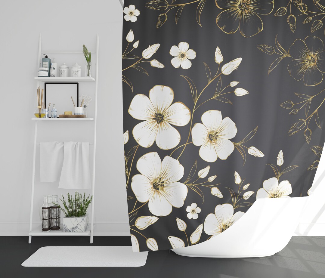 Gold and Gray Floral Shower Curtains, Designer Botanical Bathroom Decor ...