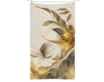 Golden Floral Hand Towel, Luxury Gold Abstract Washcloth 28&quot; × 16&quot;, Kitchen Bathroom Powder Room Face or Hand Towel Set Accessory