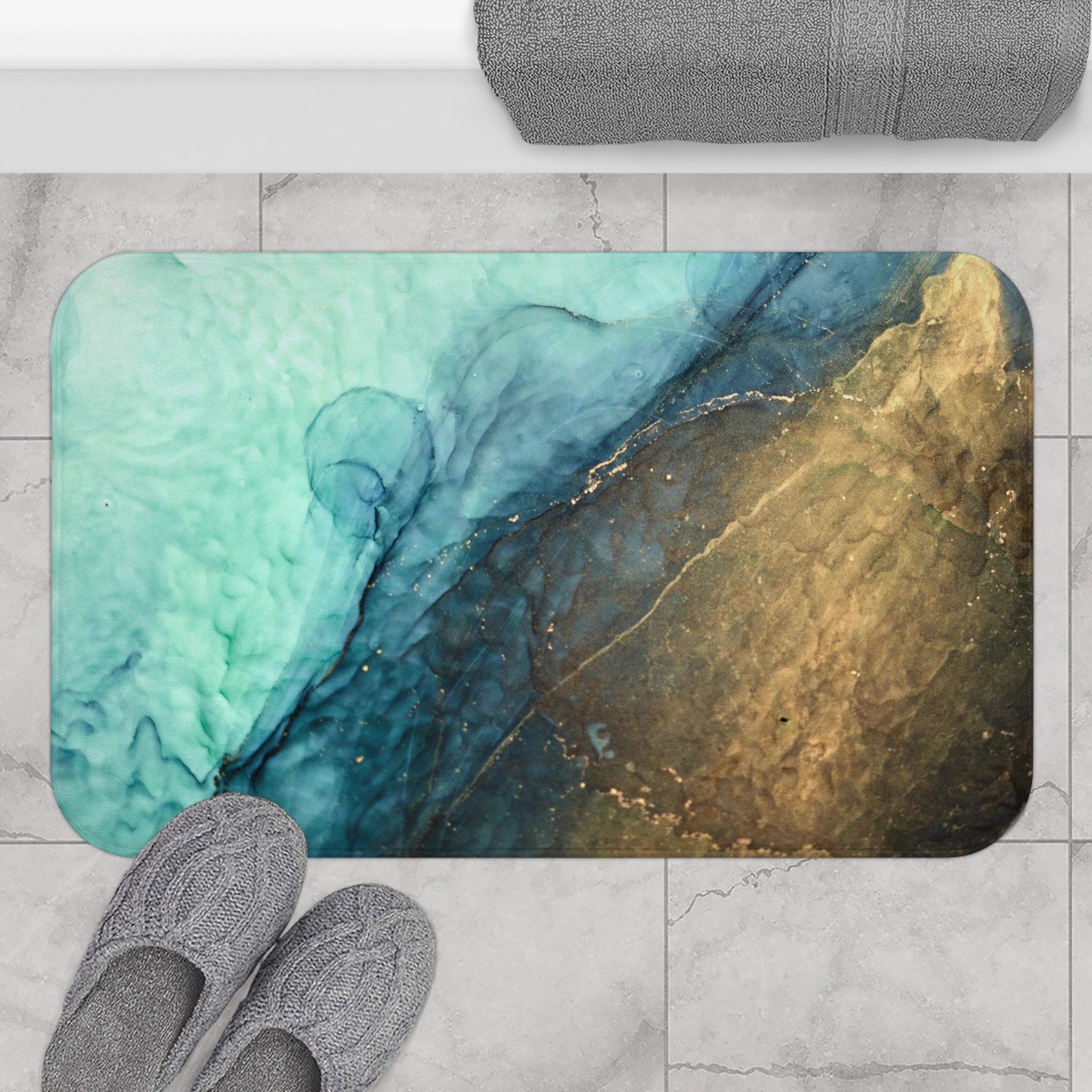 Marbled Aqua Green & Gold Bath Mat: Designer Luxurious Soft Memory Foam ...