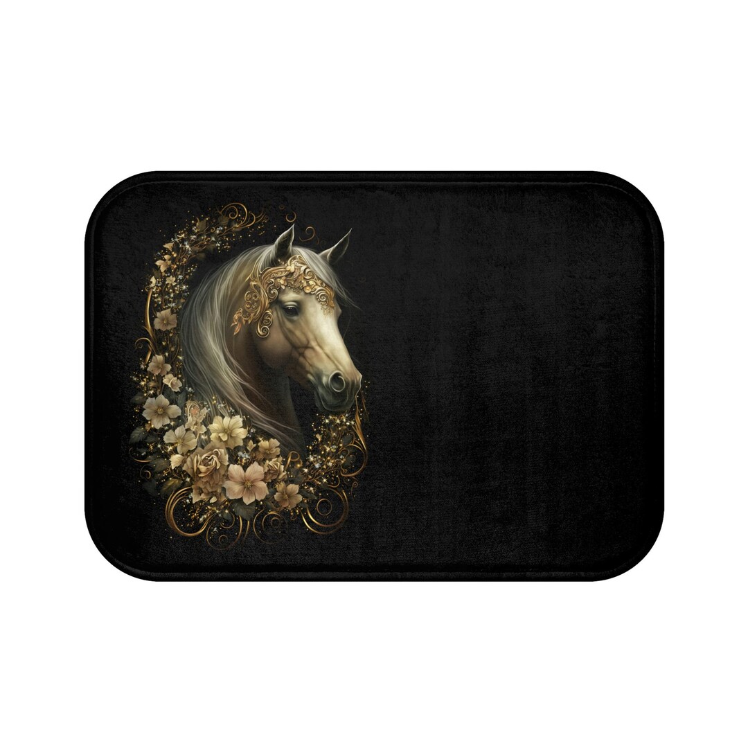 Luxury Black Gold Bath Mat, Horse Floral Print Shower Rug, Elegant