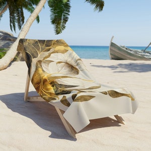 White and Gold Floral Beach Towel - Luxury Aesthetic Pool and Sand Towel for Bridesmaids, Weddings, and Honeymoons - Unique Summer Gift Idea