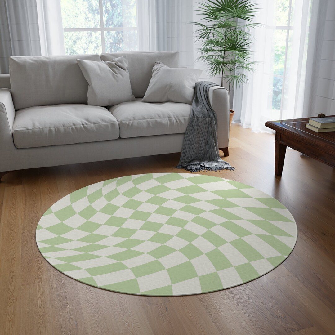 Sage Green Checkered Round Rug Groovy Checkerboard 70s Retro Etsy