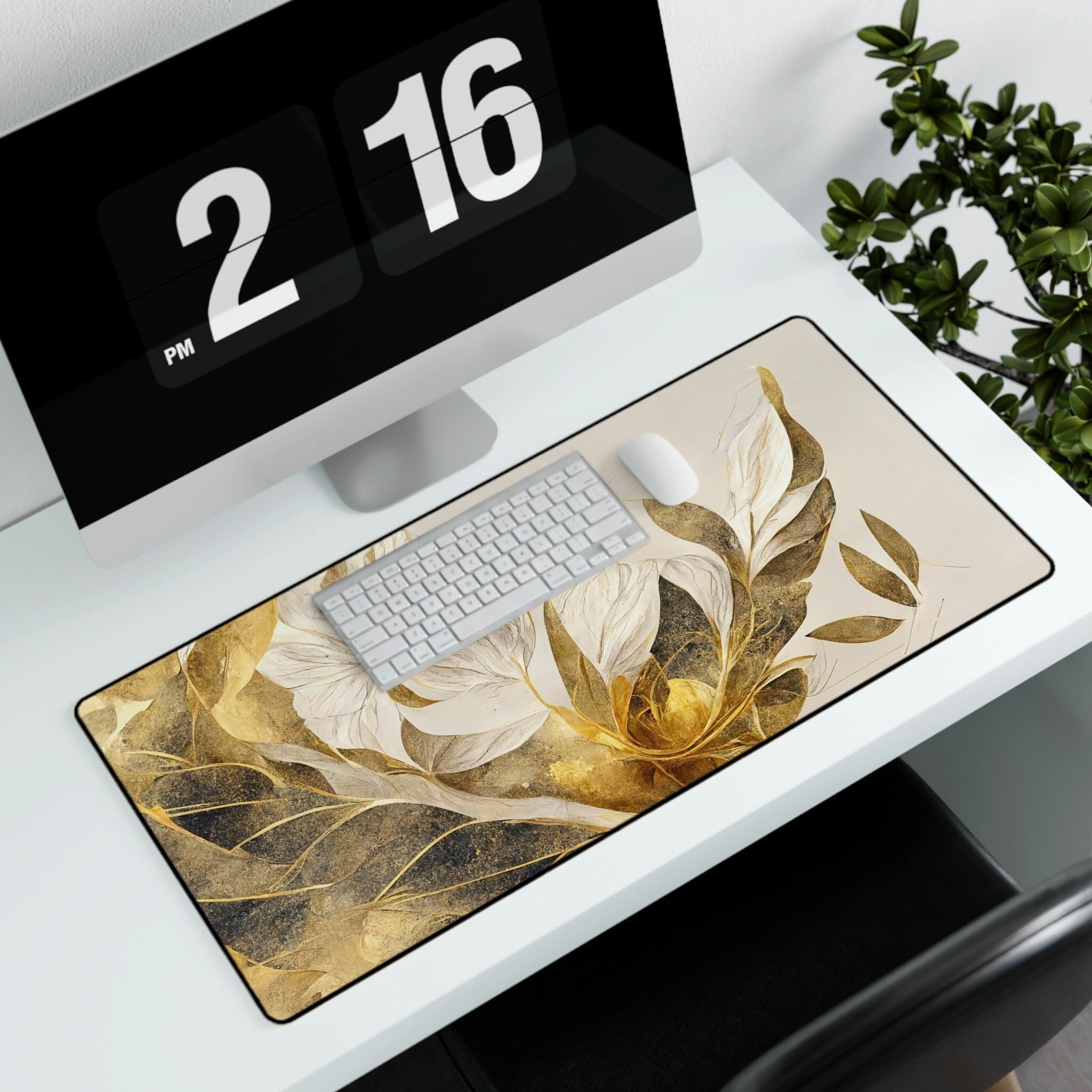 Elegant Beige and Gold Aesthetic Desk Mat, Gold Desk Accessories