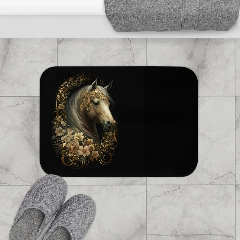 Luxury Black Gold Bath Mat Horse Floral Print Shower Rug Etsy