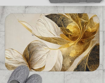 Golden Floral Bath Mats and Rugs, Luxury Gold Bath Mat, Abstract Botanical Bathroom Decor, Vintage Shower Mats, Housewarming Gift