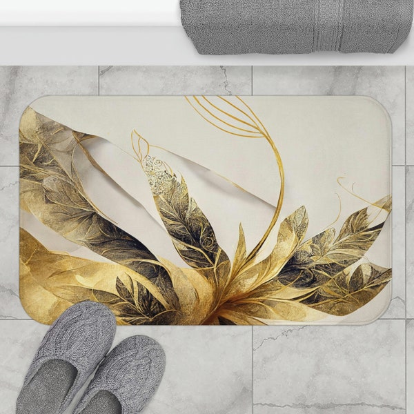 Tapis de salle de bain de luxe doré et crème, tapis de douche design, tapis de bain absorbant antidérapant pour zone humide, décoration d'intérieur ou cadeau de mariage.