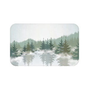 Misty Pine Trees Forest Bath Mat - Mountain Lake Landscape Bathroom Rug, Green Shower and Kitchen Home Decor, Matching Shower Curtain
