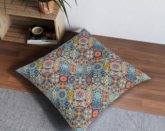 Moroccan Tiles Floor Cushion: Vintage Patchwork Mosaic Square Floor Seating | Tufted Colorful Square Throw Accent Pillow for the Home Decor