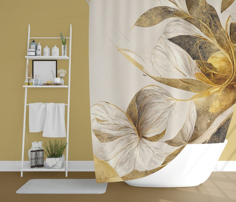 Gold and White Floral Designer Shower Curtains Shower Etsy