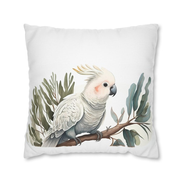 Cockatoo Throw Pillow Cover, Watercolor Nature-Inspired White Sage Green Couch Pillow Case, Tropical Bird Botanical Home Decor Cushions