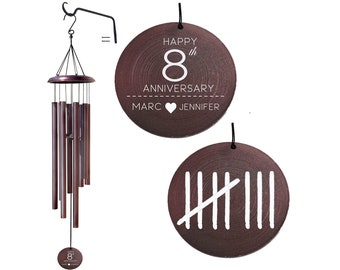 Personalisiertes Windspiel zum 8. Jahrestag – Traditionelles Jubiläumsgeschenk aus Bronze – 8 Tally-Markierungen eingraviert – Geschenk für Sie