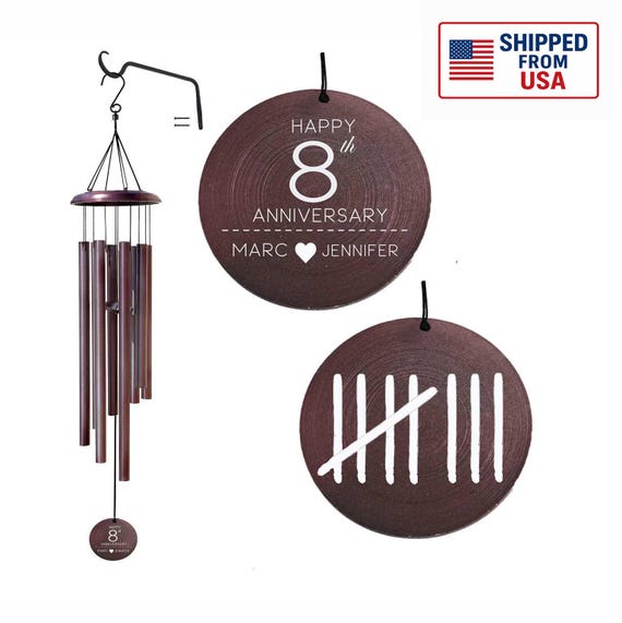 8th-anniversary Gift Personalized Windchime - Traditional Bronze Anniversary  - 8 Tally Marks Engraved - Gift for him/her
