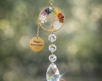 Crystal Tree of Life Suncatcher | Rainbow Chakra Window Hanging | Handmade Gemstone Decor | Retirement gift