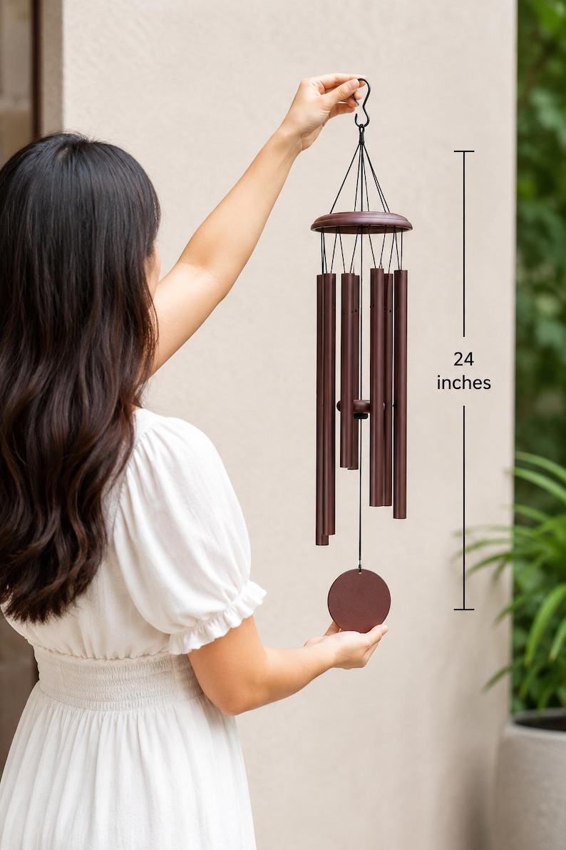 May include: A dark brown wind chime featuring six cylindrical metal tubes suspended from a circular wooden top, with a central striker and a round wind catcher at the bottom. The total length of the wind chime is marked as 24 inches.