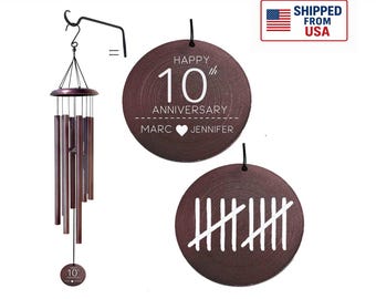 Campanas de viento de aniversario personalizadas - Campana de viento de aluminio para el décimo aniversario - Regalo romántico para él/ella