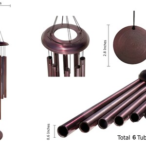 May include: A wind chime with six metallic bronze-colored tubes, a circular top platform, and a round striker. The total length is 30 inches, the width is 5.2 inches, the striker diameter is 2.8 inches, and each tube has a diameter of 0.6 inches.