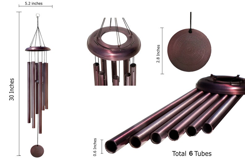 May include: A wind chime with six metallic bronze-colored tubes, a circular top platform, and a round striker. The total length is 30 inches, the width is 5.2 inches, the striker diameter is 2.8 inches, and each tube has a diameter of 0.6 inches.