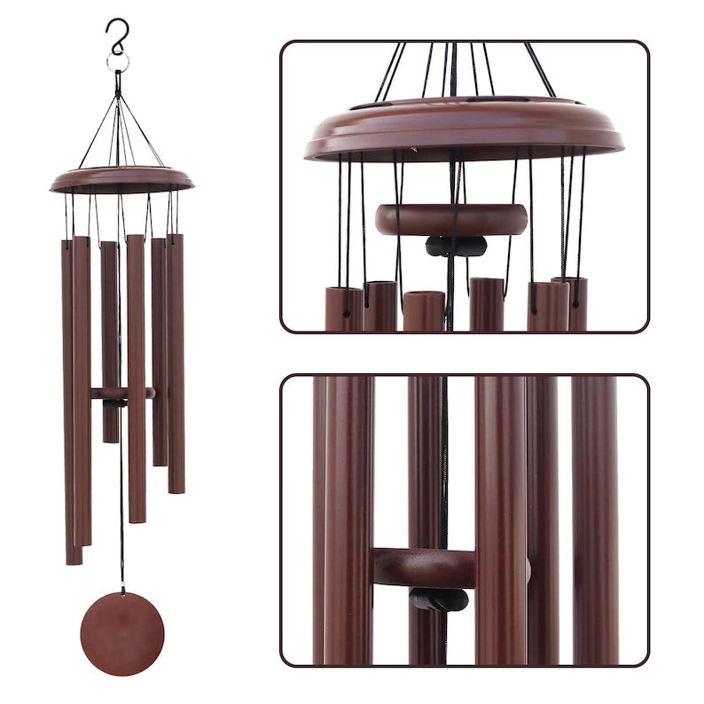 May include: A brown wind chime featuring six cylindrical tubes suspended from a circular top platform by black cords. A central wooden striker hangs above a circular wind catcher at the bottom, with a metal hook at the top for hanging.