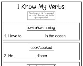 May include: A worksheet with the title "I Know My Verbs!"  The worksheet has four sentences with blanks for the user to fill in the correct verb. The verbs are provided in boxes above each sentence. The verbs are "swim/swimming", "cook/cooked", "dancing/danced", and "studied/study".