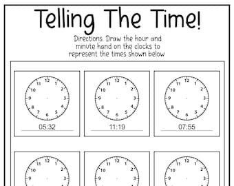 8 Printable Time-Telling Math Worksheets! Telling The Time By Drawing The Hour And Minute Hands (ages 4 - 7) - KG1 to Grade 2 -