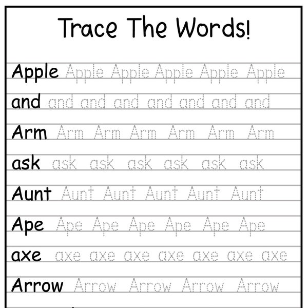 24 Printable Trace The Words Worksheet! Alphabetical, A-Z, Capital and Lowercase Words (Ages 3 - 7) - KG1 to Grade 2 -