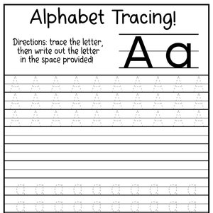 ¡26 hojas de trabajo imprimibles para practicar el rastreo de letras mayúsculas y minúsculas del alfabeto (A-Z)! (Edades 4 - 7) - KG1 a Grado 2 -
