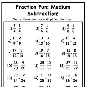 May include: A worksheet with 21 maths problems involving subtracting fractions. The problems are arranged in a grid with the instructions "Fraction Fun: Medium Subtraction! Write the answer as a simplified fraction."