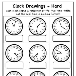 May include: A worksheet with nine clock faces, each showing a reflected time. The instructions ask the user to write the real time in 24-hour format.