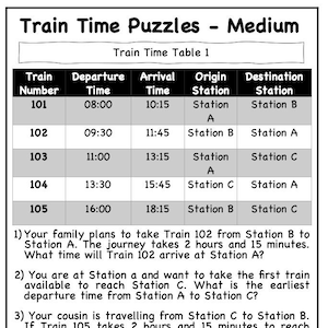 Può includere: Un foglio di lavoro in bianco e nero con un orario dei treni e cinque problemi di parole. La tabella elenca i numeri dei treni, gli orari di partenza e di arrivo e le stazioni di partenza e di destinazione. I problemi di parole riguardano i tempi di percorrenza e gli orari dei treni.