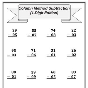 Può includere: Un foglio di lavoro con il titolo "Sottrazione con il metodo delle colonne (Edizione a una cifra)" e una serie di problemi di sottrazione con numeri a due cifre. I problemi sono disposti in quattro colonne.