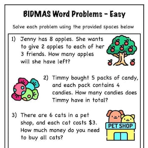 Puede incluir: Una hoja de trabajo con cuatro problemas de palabras para que los niños resuelvan. Los problemas implican suma, resta, multiplicación y división. Cada problema tiene una ilustración colorida para ayudar a los niños a visualizar el problema.