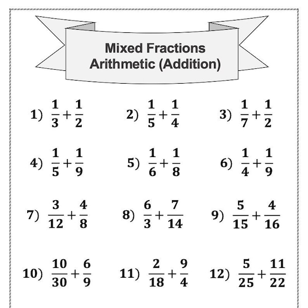 4 Printable Mixed Fraction Arithmetic Math Worksheet! Addition, Subtraction, Multiplication, Division (Ages 4 - 8) - KG1 to Grade 2 -